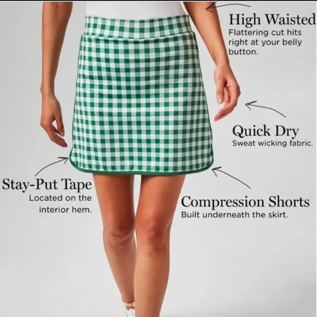 Tuckernuck Pickleball/Golf Green Gingham A-Line Skirt With Shorts S A
